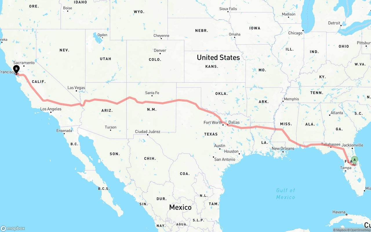 Shipping route from Orlando to San Francisco
