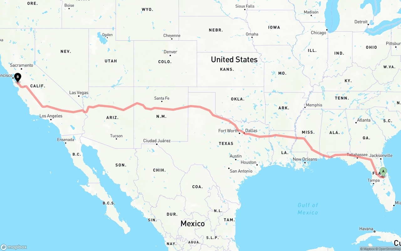 Shipping route from Orlando to San Jose