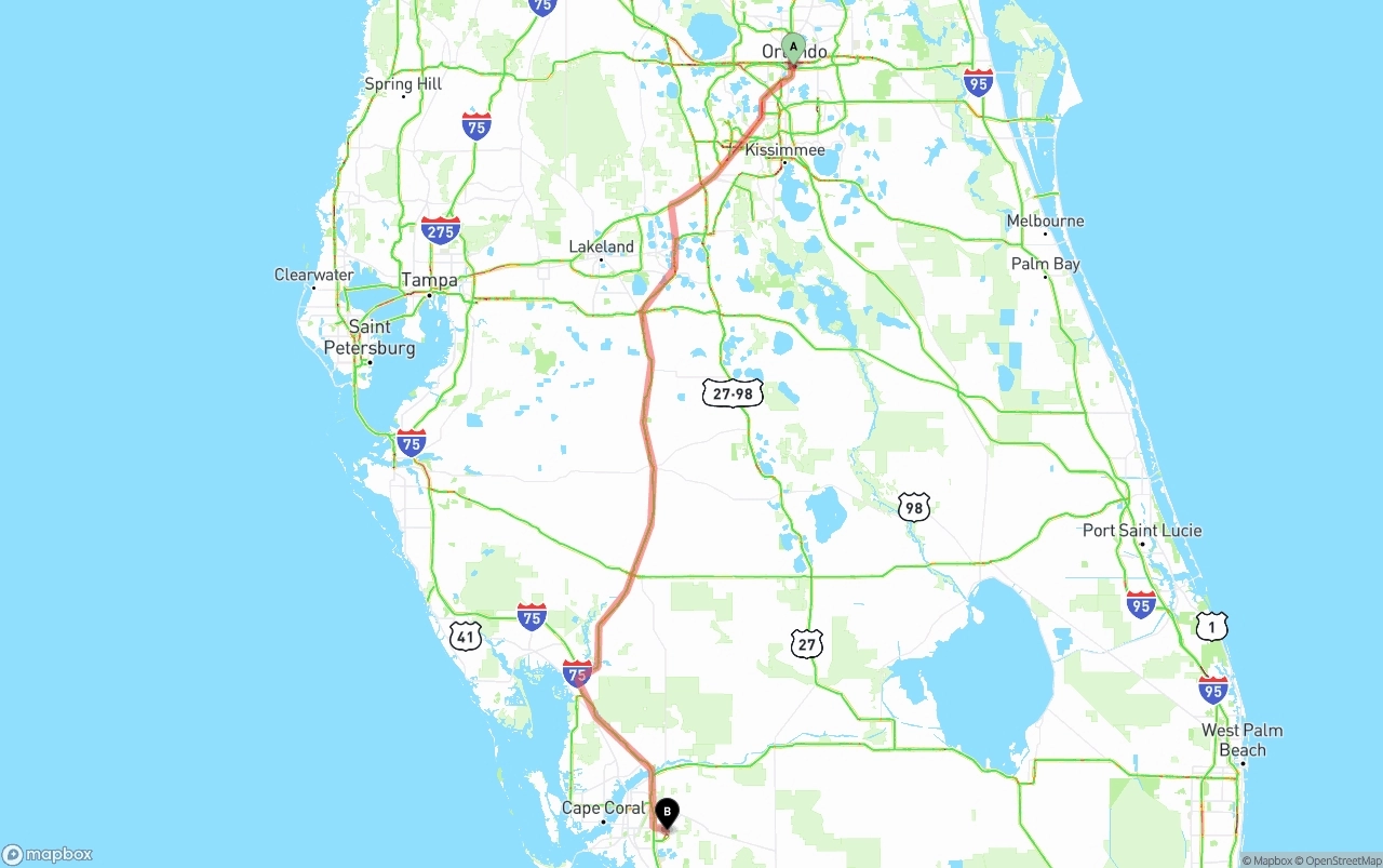 Shipping route from Orlando to Southwest Florida International Airport