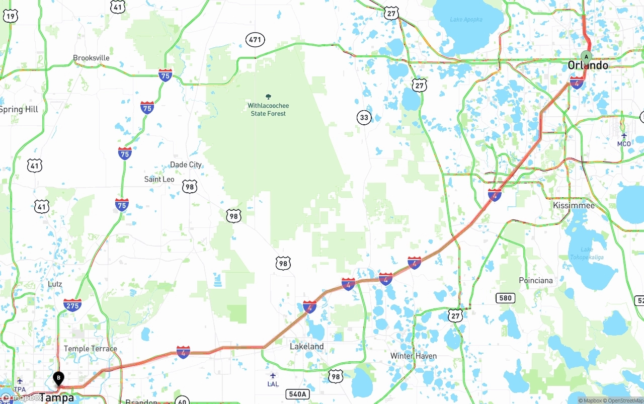 Shipping route from Orlando to Tampa