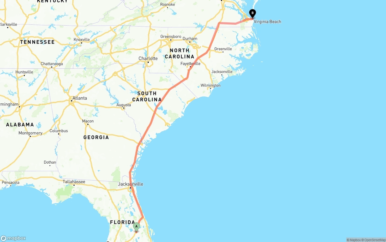 Shipping route from Orlando to Virginia Beach
