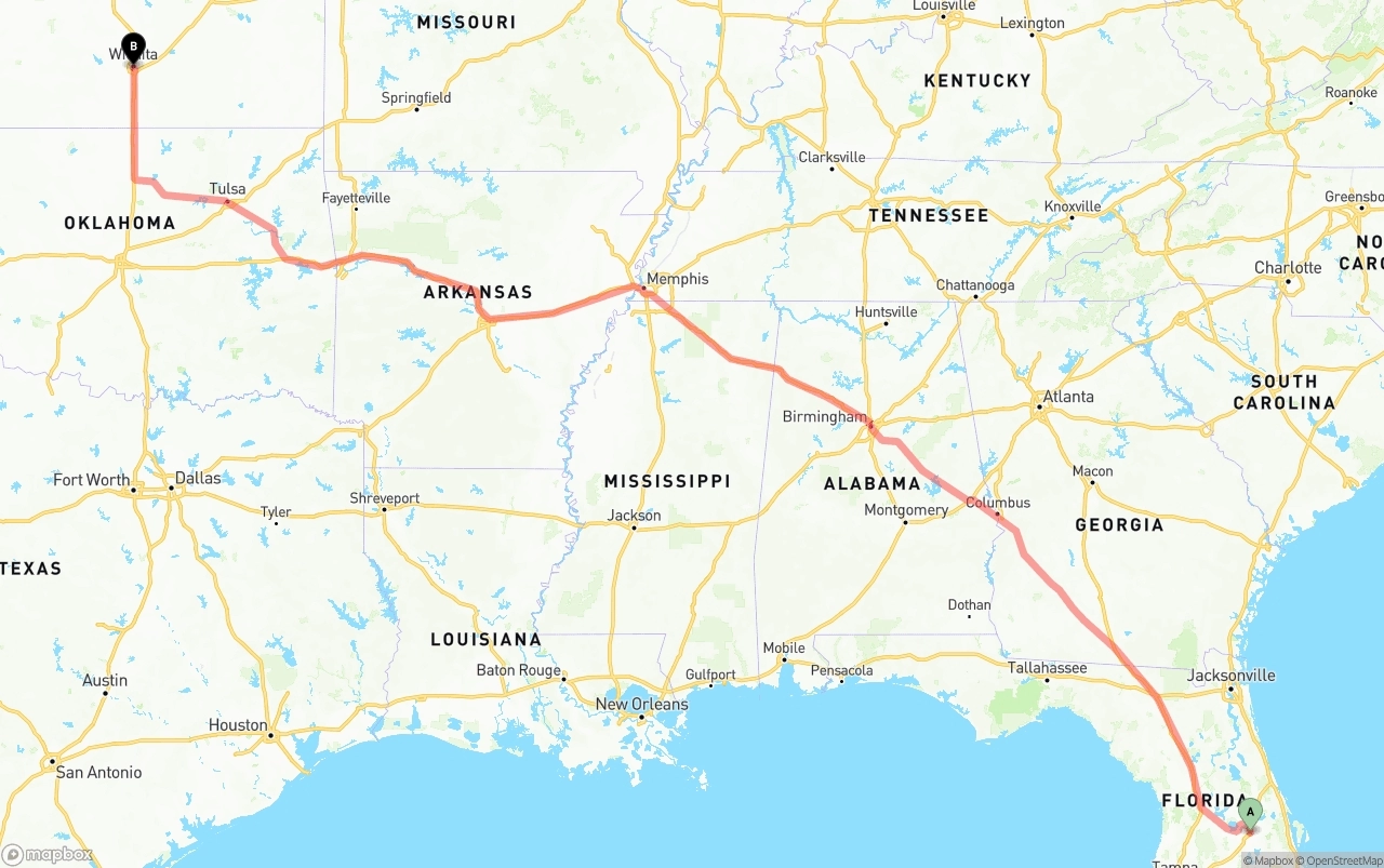 Shipping route from Orlando to Wichita