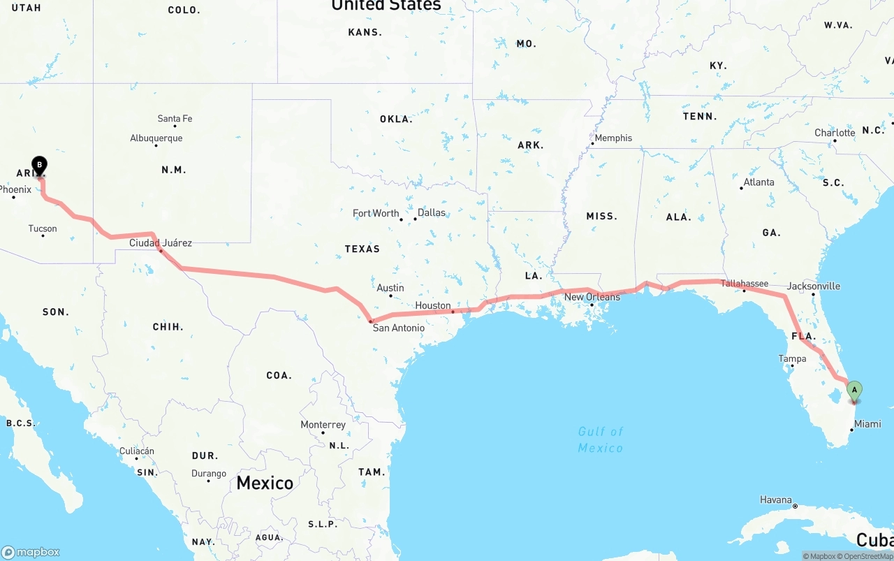 Shipping route from Palm Beach International Airport to Arizona