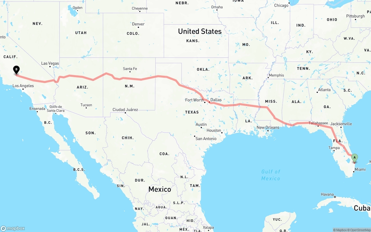 Shipping route from Palm Beach International Airport to Bakersfield