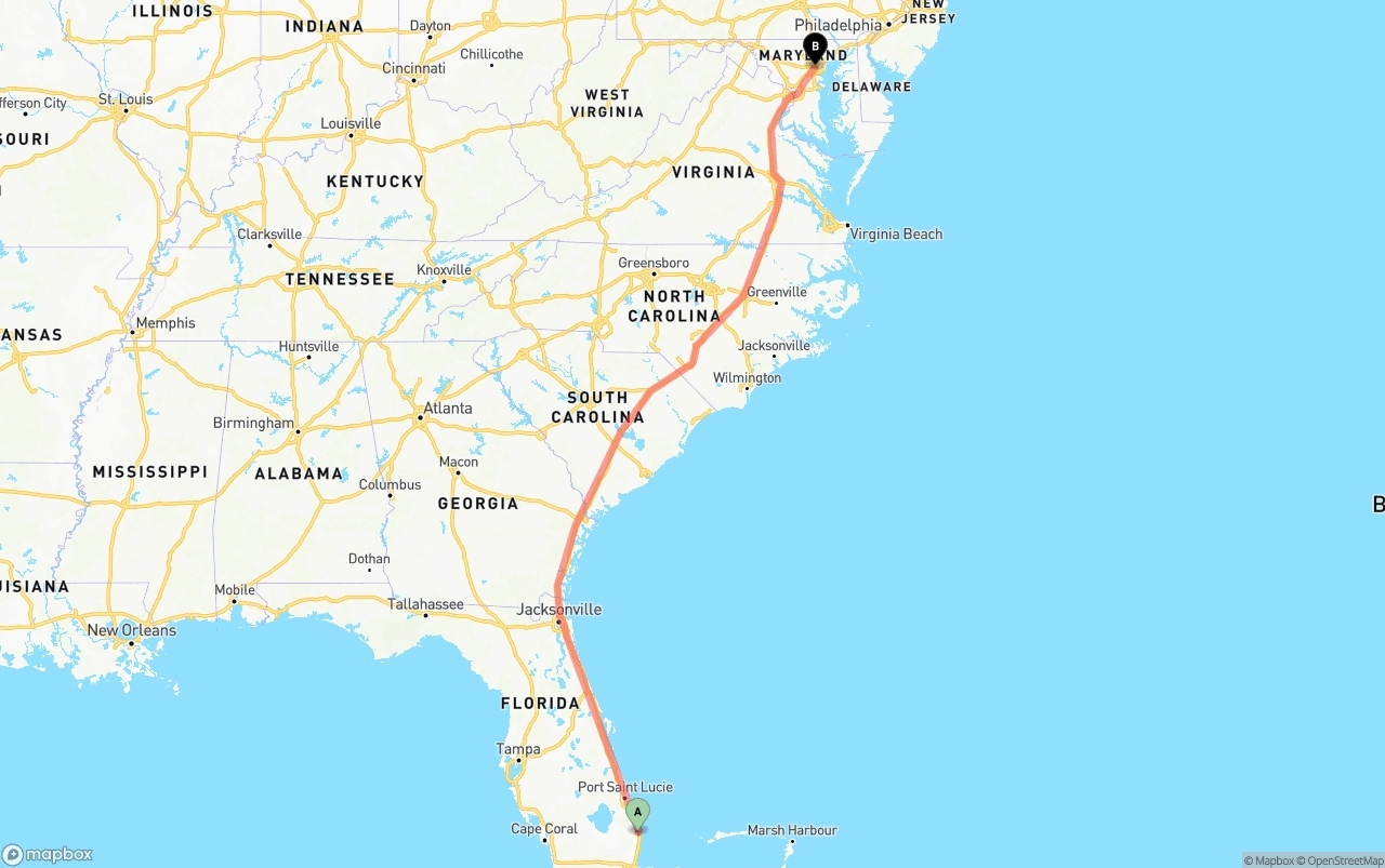 Shipping route from Palm Beach International Airport to Baltimore