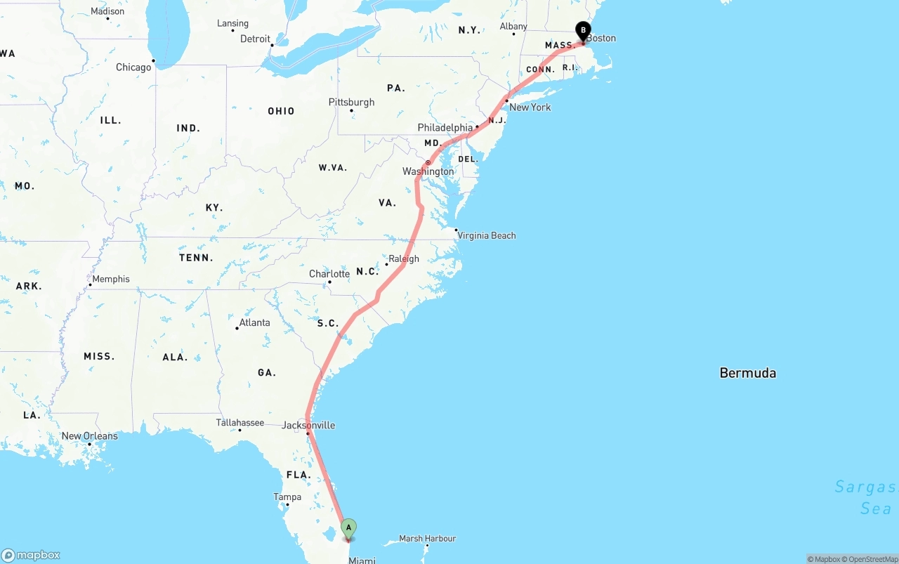 Shipping route from Palm Beach International Airport to Boston