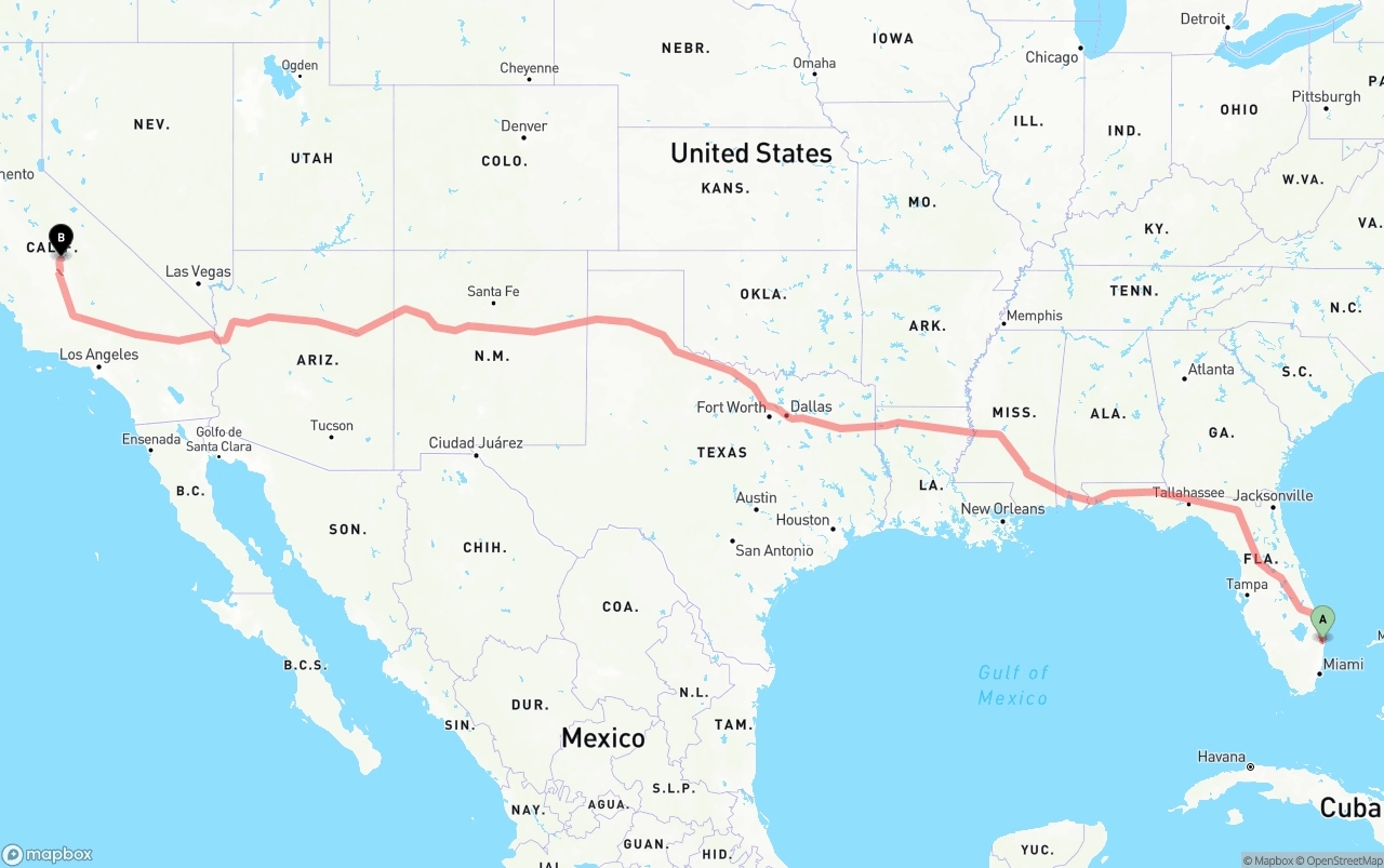 Shipping route from Palm Beach International Airport to California