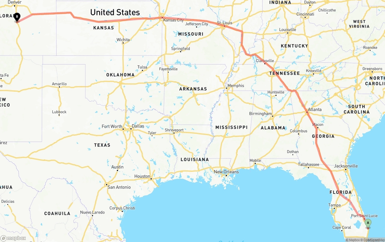 Shipping route from Palm Beach International Airport to Colorado Springs
