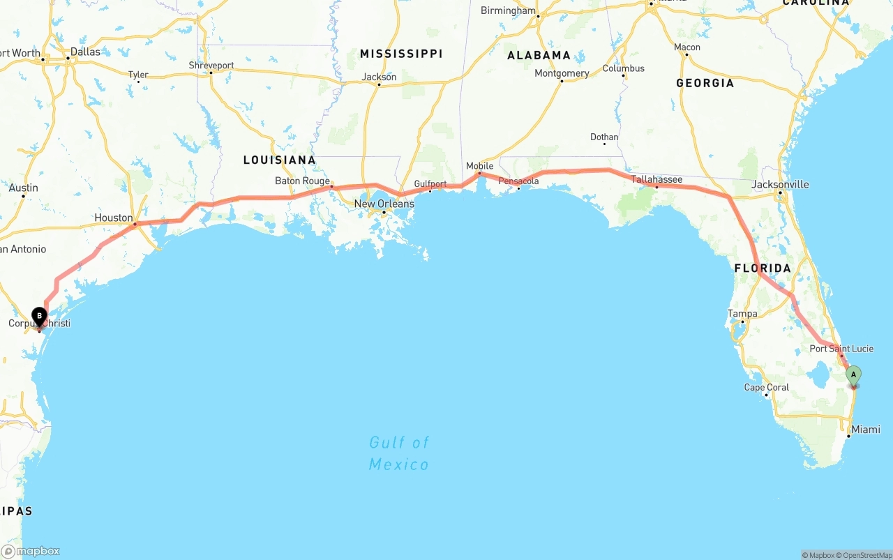 Shipping route from Palm Beach International Airport to Corpus Christi