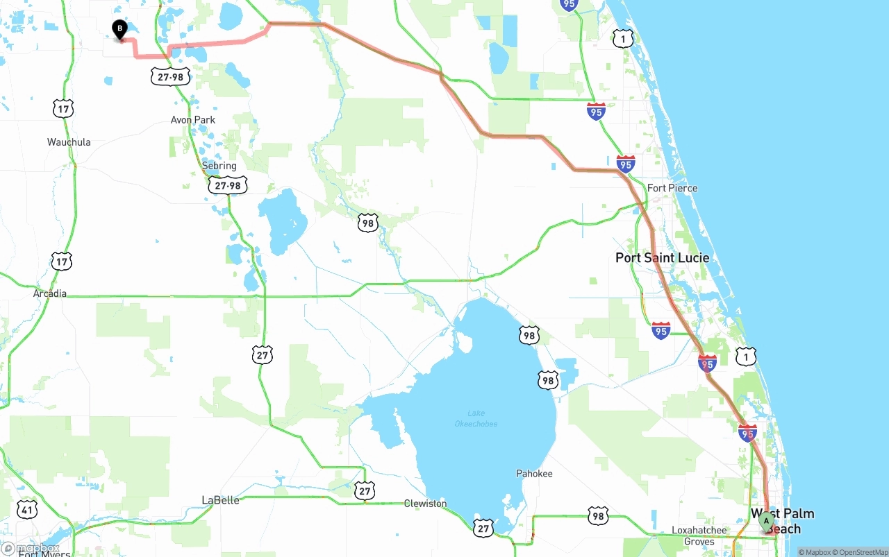 Shipping route from Palm Beach International Airport to Florida