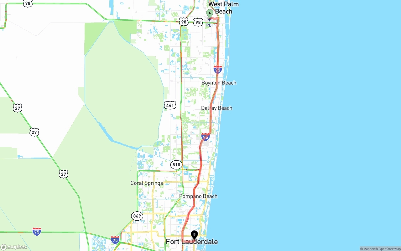 Shipping route from Palm Beach International Airport to Ft. Lauderdale