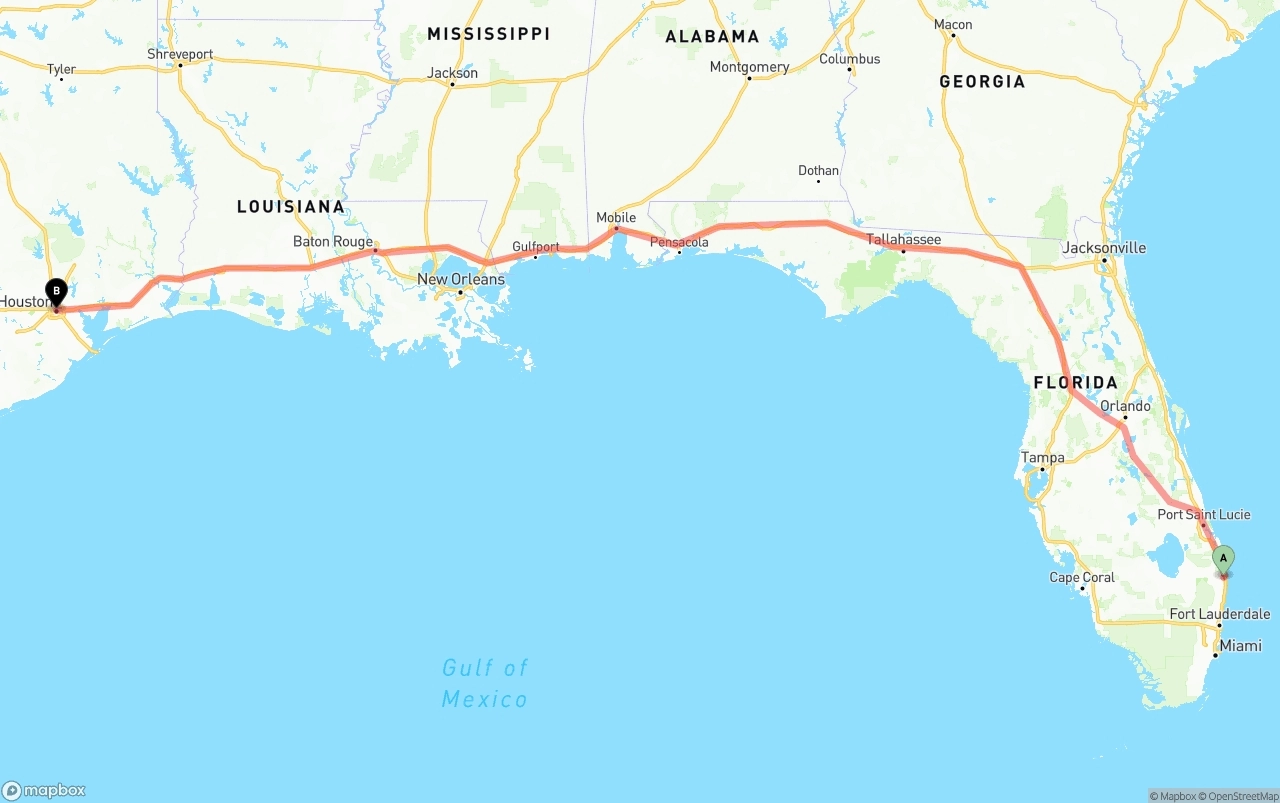 Shipping route from Palm Beach International Airport to Houston
