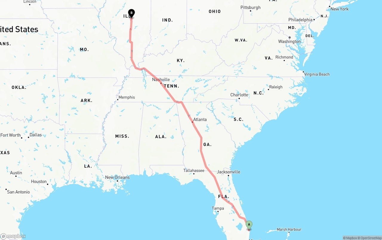 Shipping route from Palm Beach International Airport to Illinois