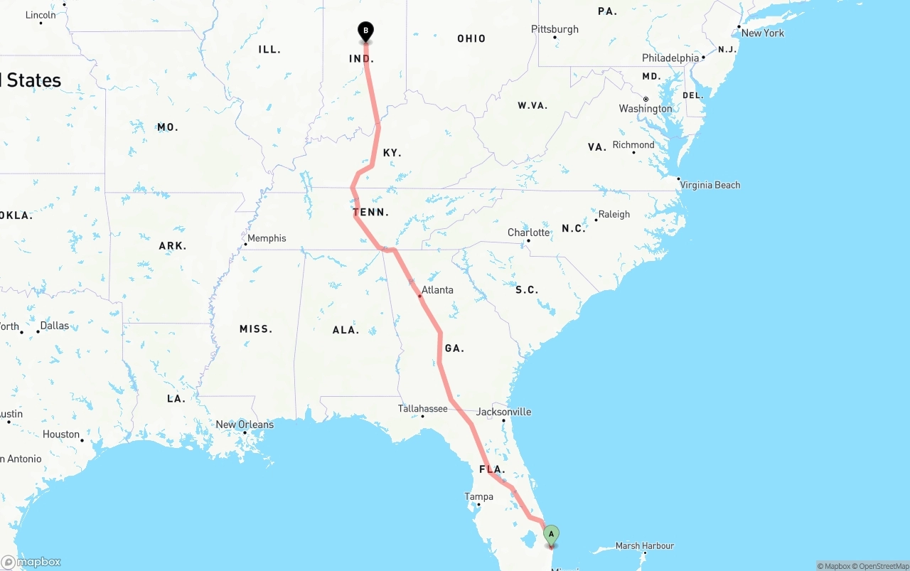 Shipping route from Palm Beach International Airport to Indiana