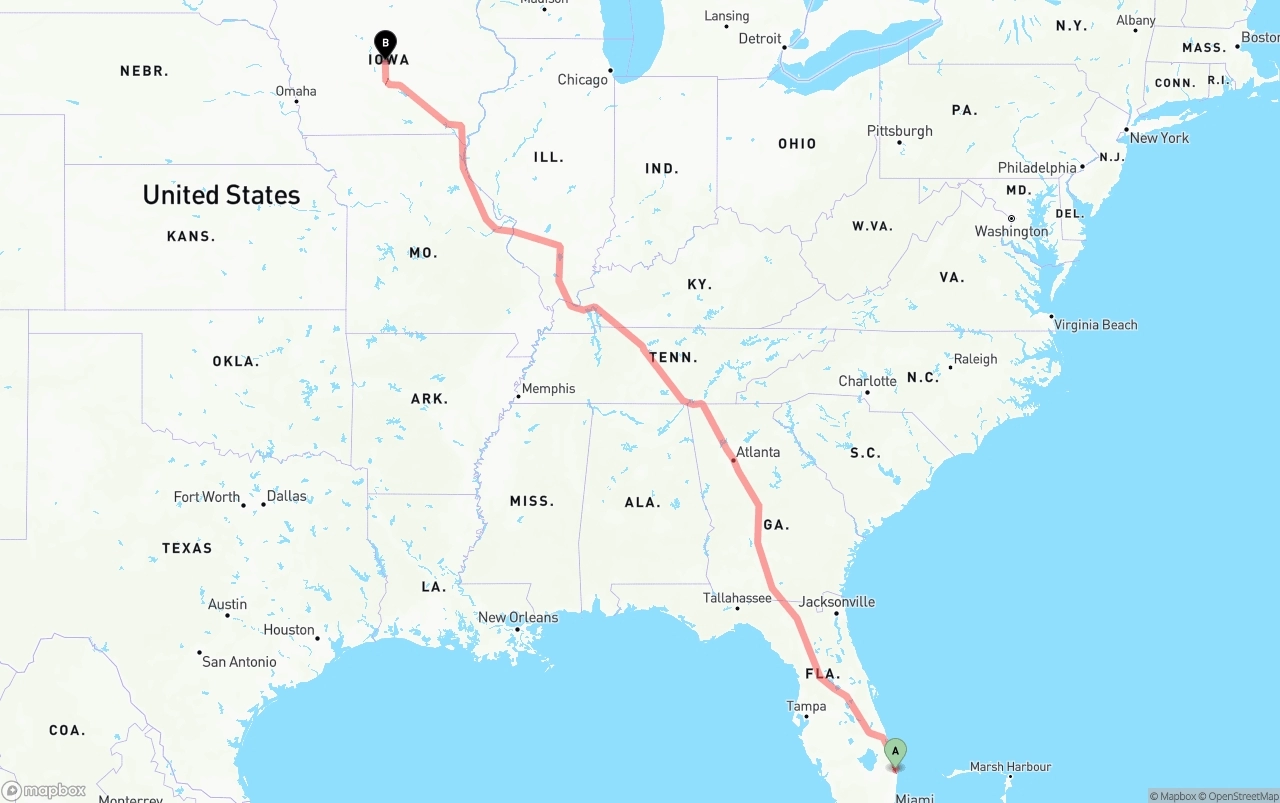 Shipping route from Palm Beach International Airport to Iowa
