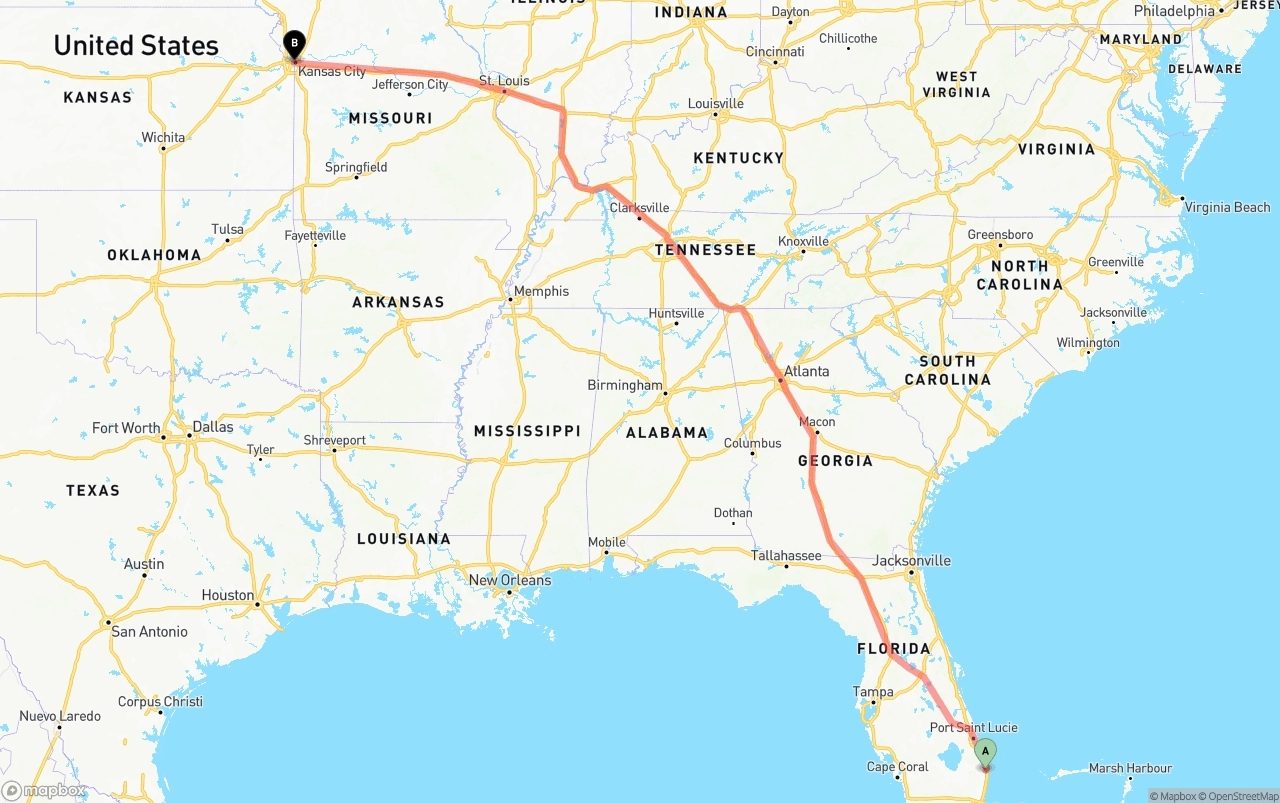 Shipping route from Palm Beach International Airport to Kansas City
