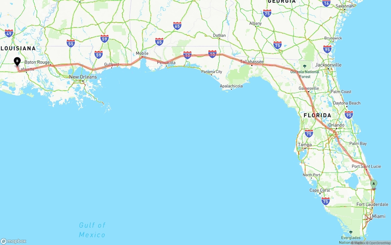 Shipping route from Palm Beach International Airport to Louisiana