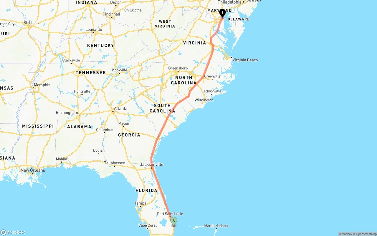 Shipping route from Palm Beach International Airport to Maryland
