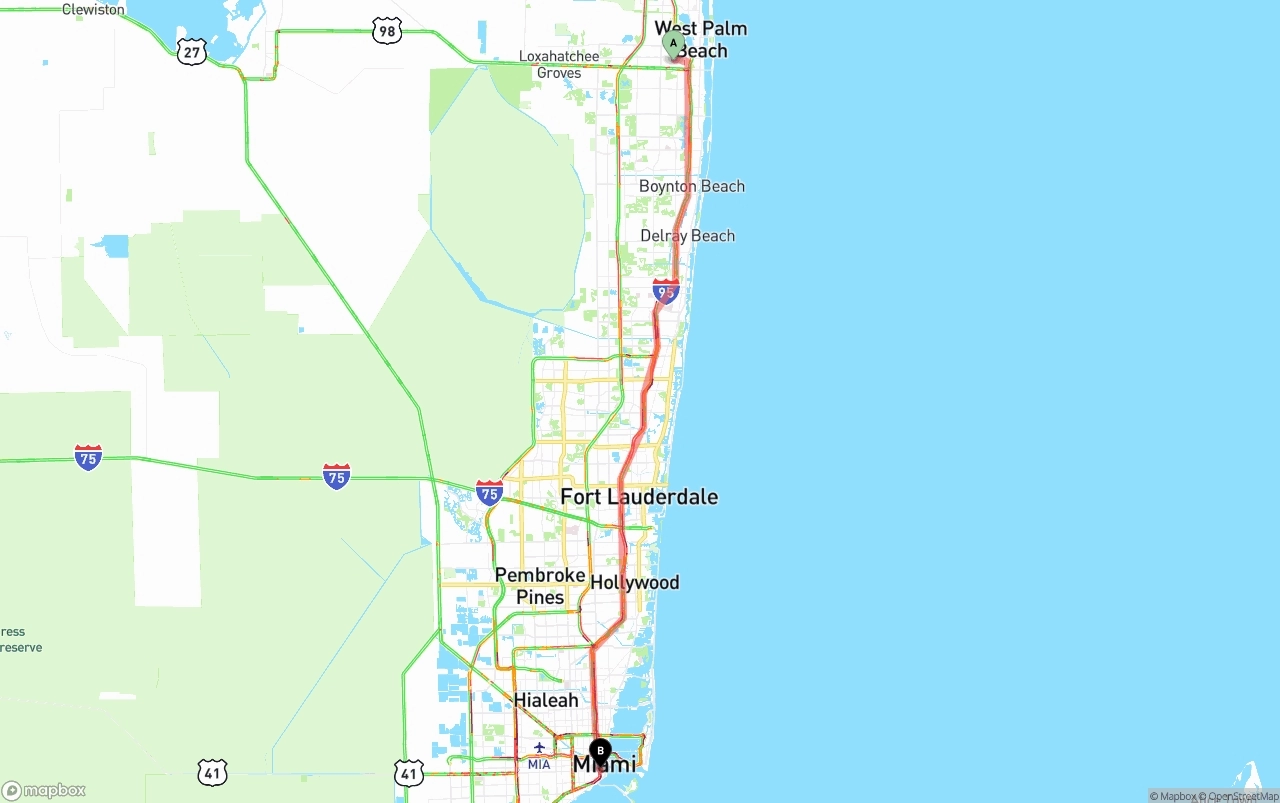 Shipping route from Palm Beach International Airport to Miami