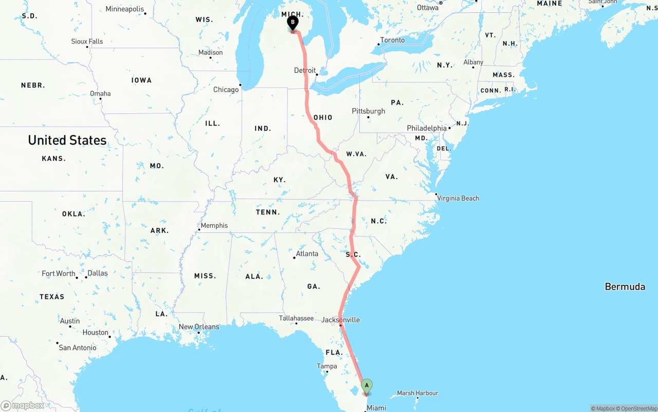 Shipping route from Palm Beach International Airport to Michigan