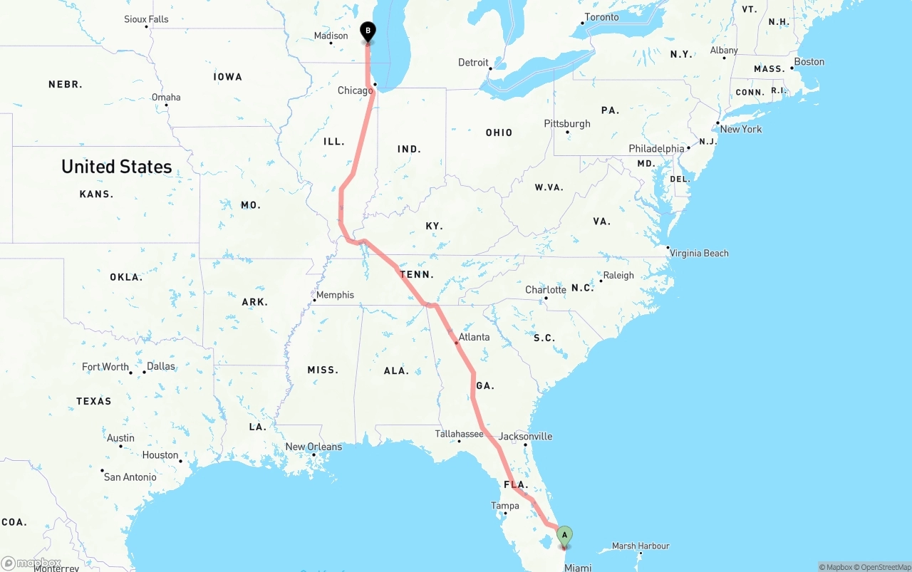 Shipping route from Palm Beach International Airport to Milwaukee