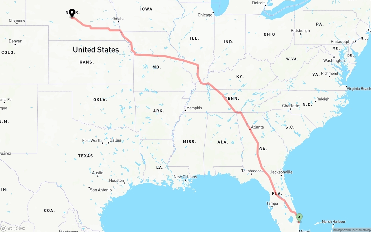 Shipping route from Palm Beach International Airport to Nebraska