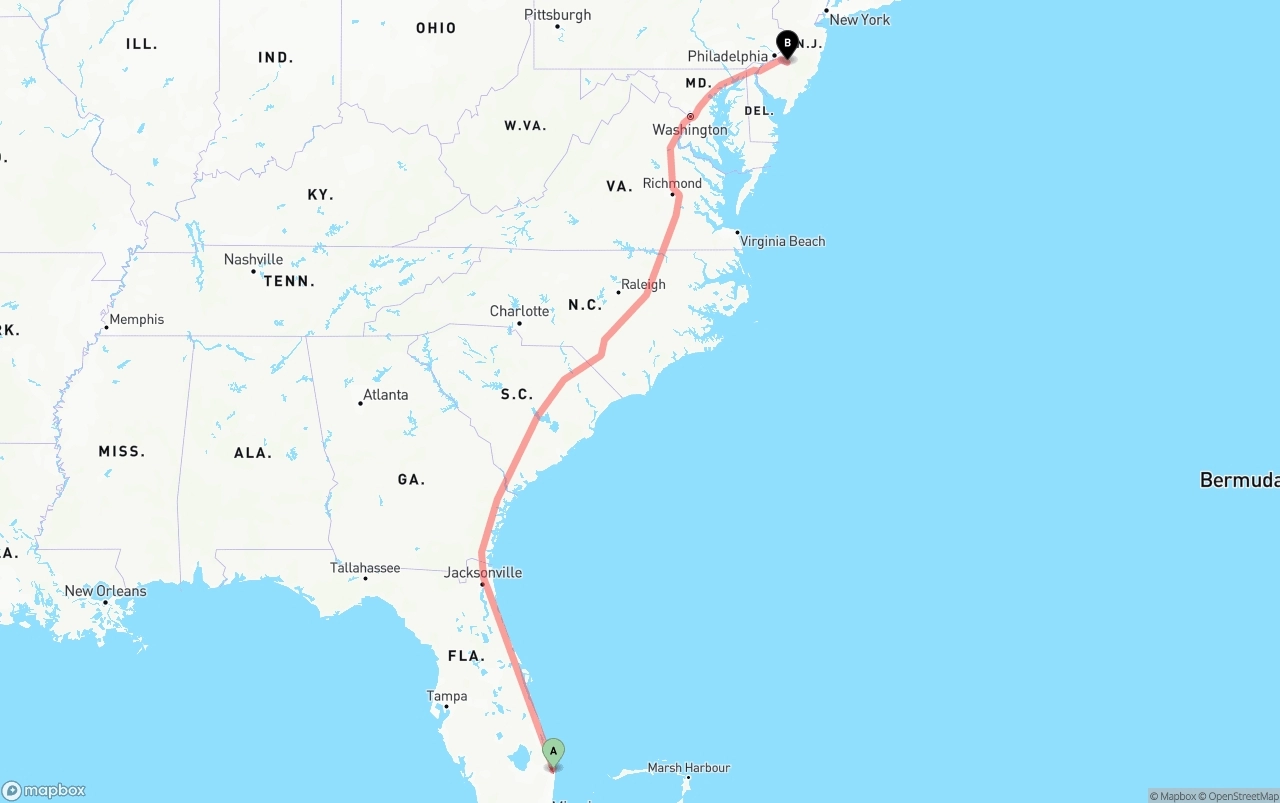 Shipping route from Palm Beach International Airport to New Jersey