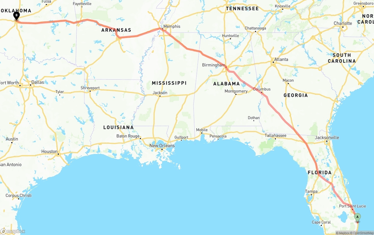 Shipping route from Palm Beach International Airport to Oklahoma City