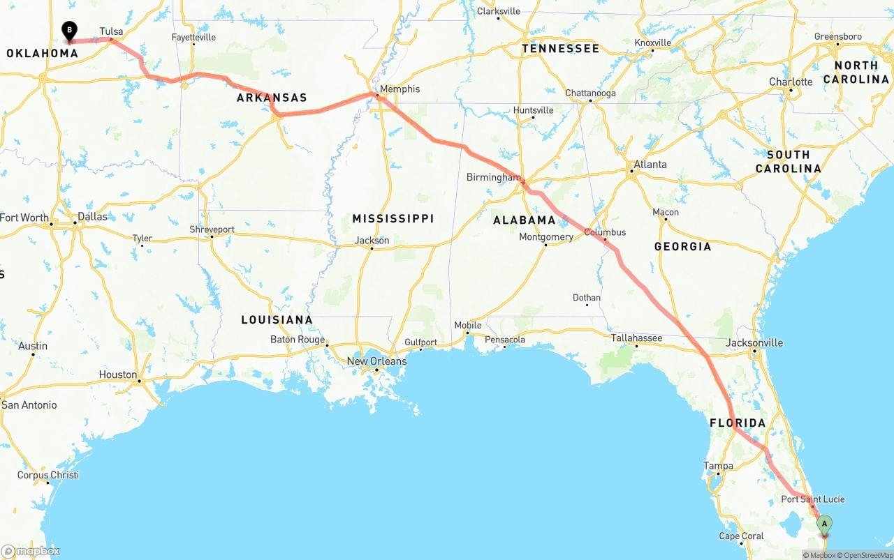 Shipping route from Palm Beach International Airport to Oklahoma