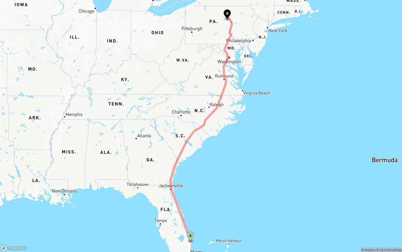 Shipping route from Palm Beach International Airport to Pennsylvania