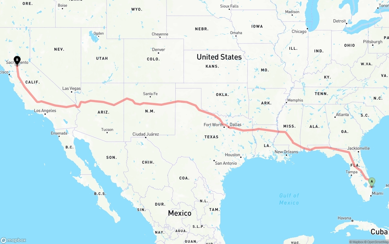 Shipping route from Palm Beach International Airport to Sacramento