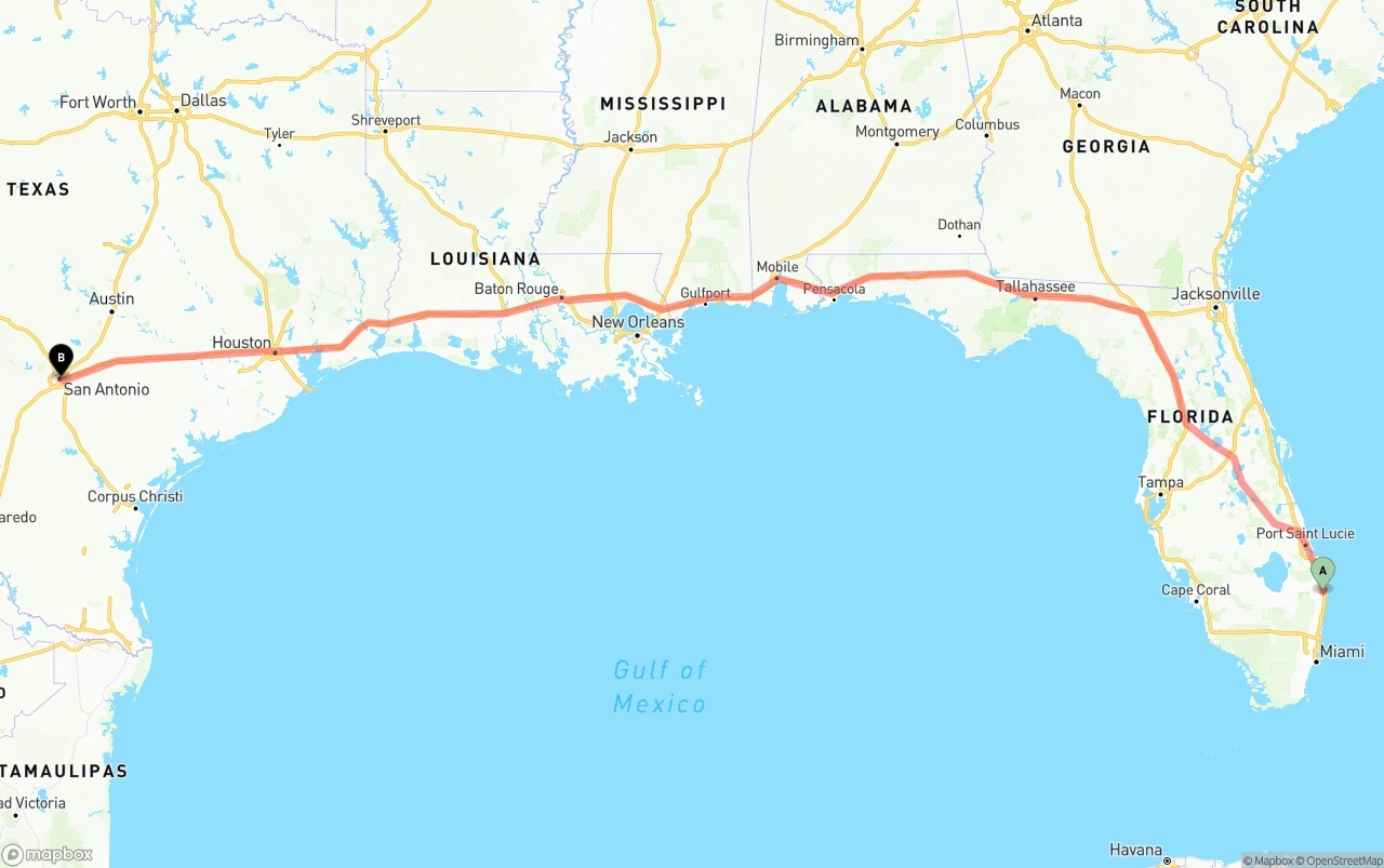 Shipping route from Palm Beach International Airport to San Antonio
