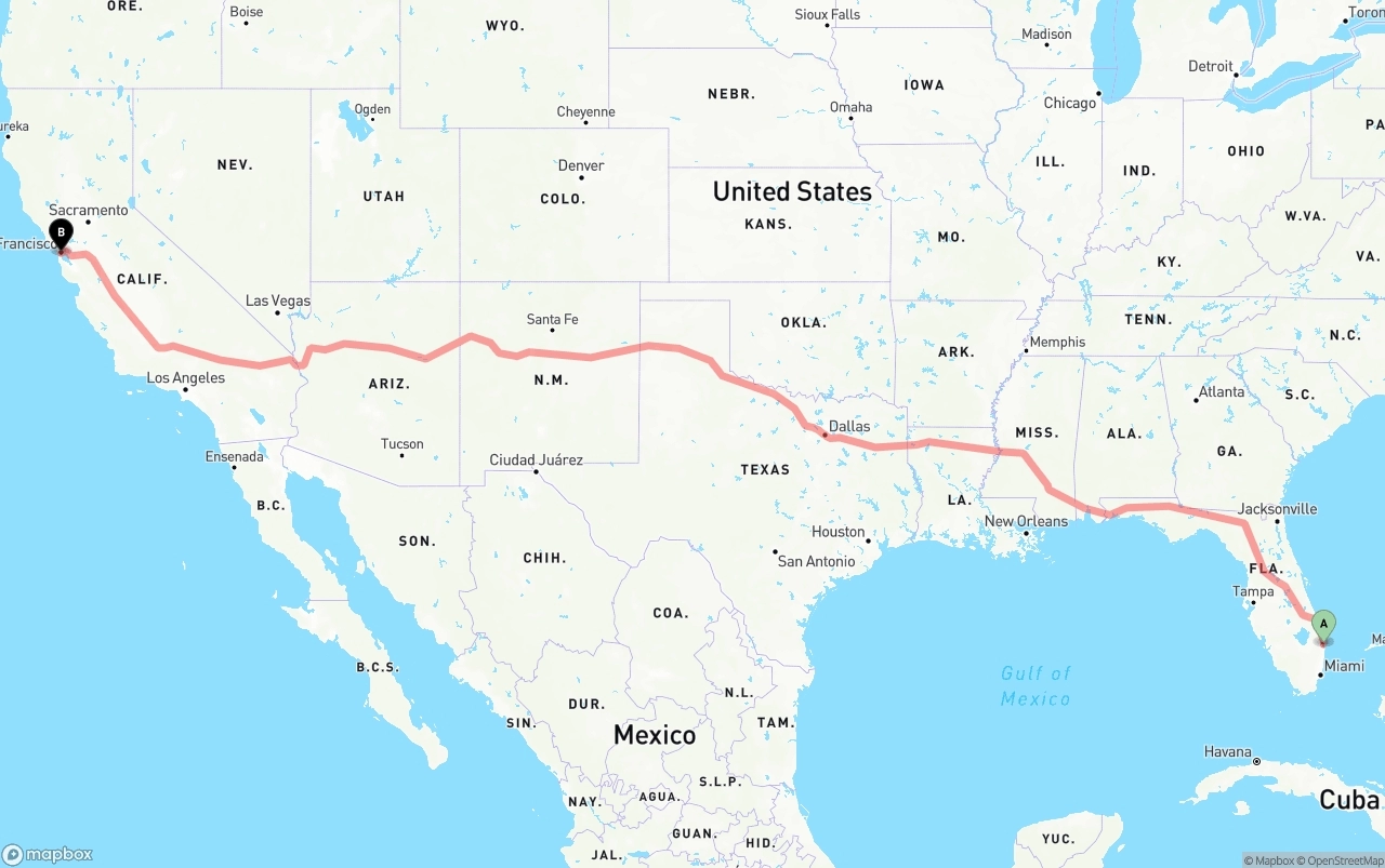 Shipping route from Palm Beach International Airport to San Francisco