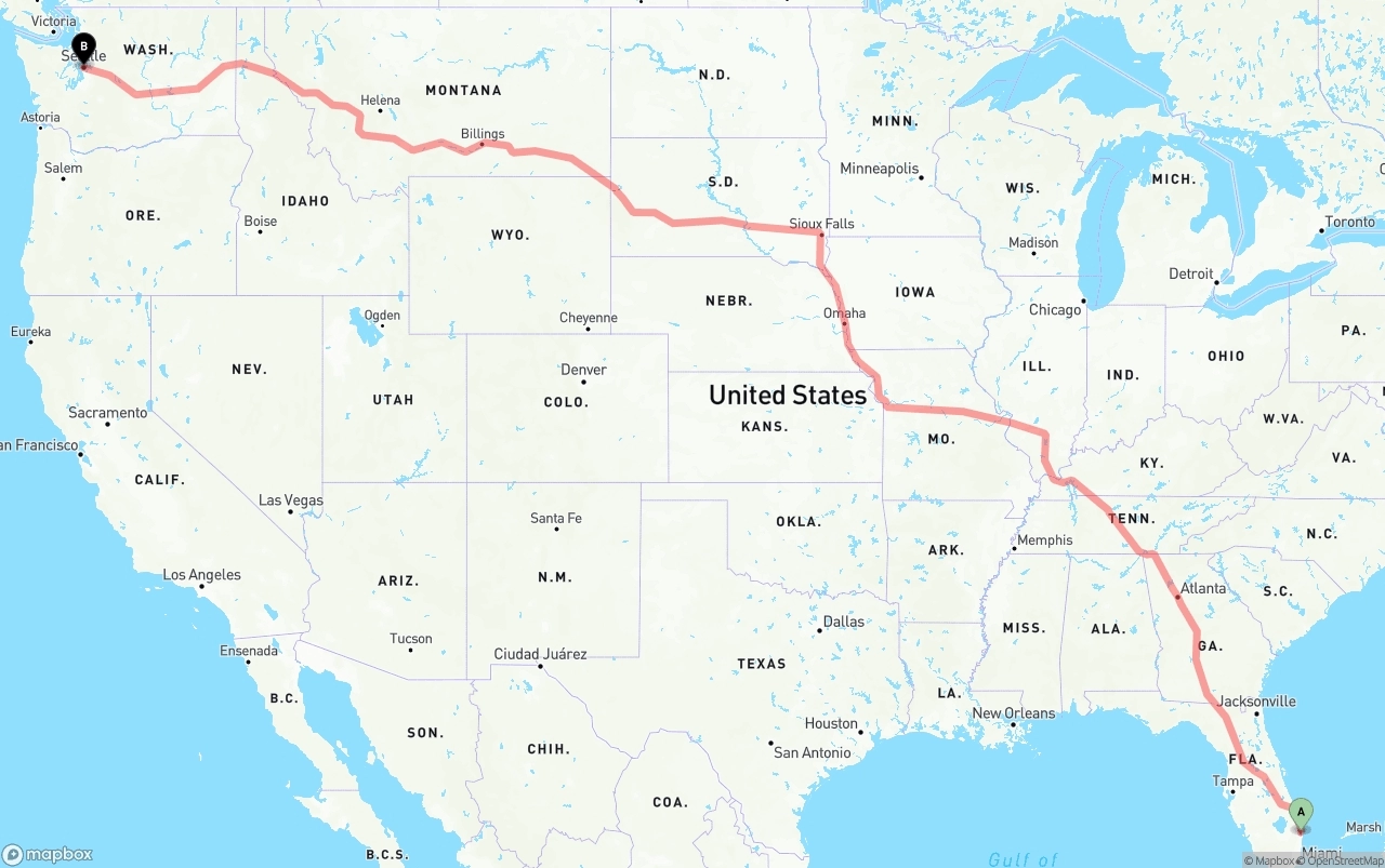 Shipping route from Palm Beach International Airport to Seattle