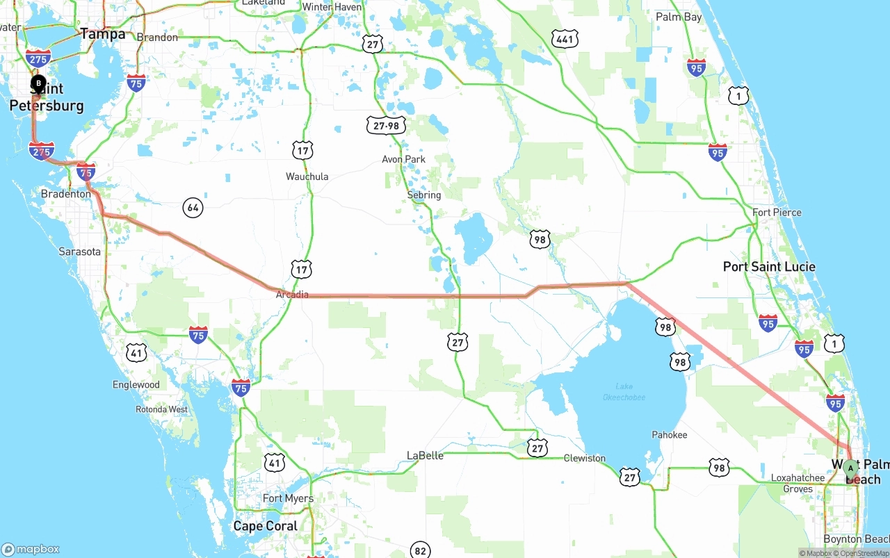 Shipping route from Palm Beach International Airport to St. Petersburg