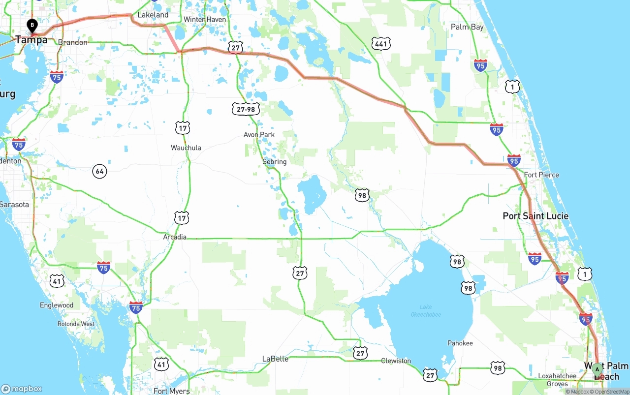Shipping route from Palm Beach International Airport to Tampa