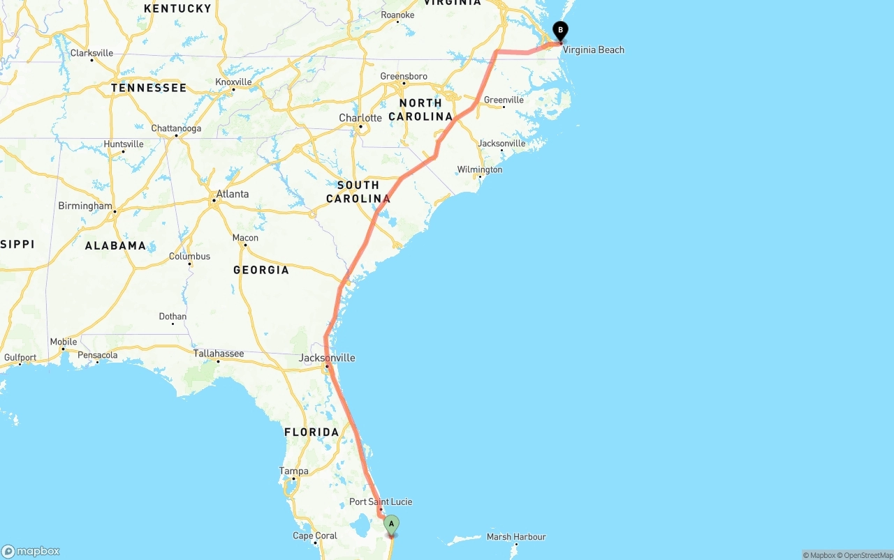 Shipping route from Palm Beach International Airport to Virginia Beach