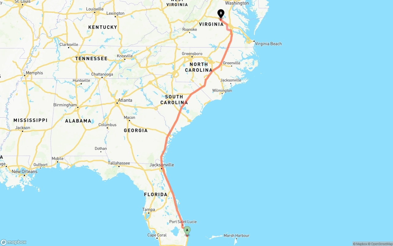 Shipping route from Palm Beach International Airport to Virginia