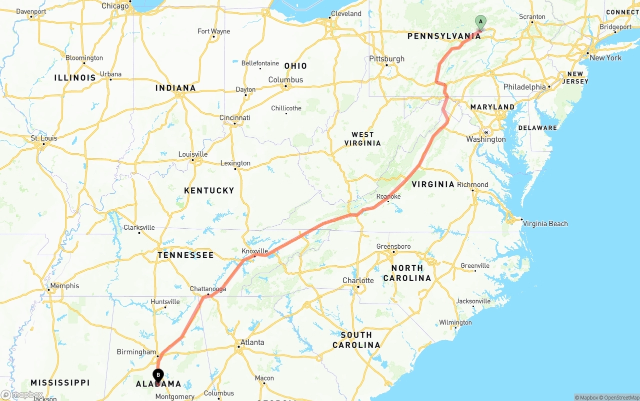 Shipping route from Pennsylvania to Alabama