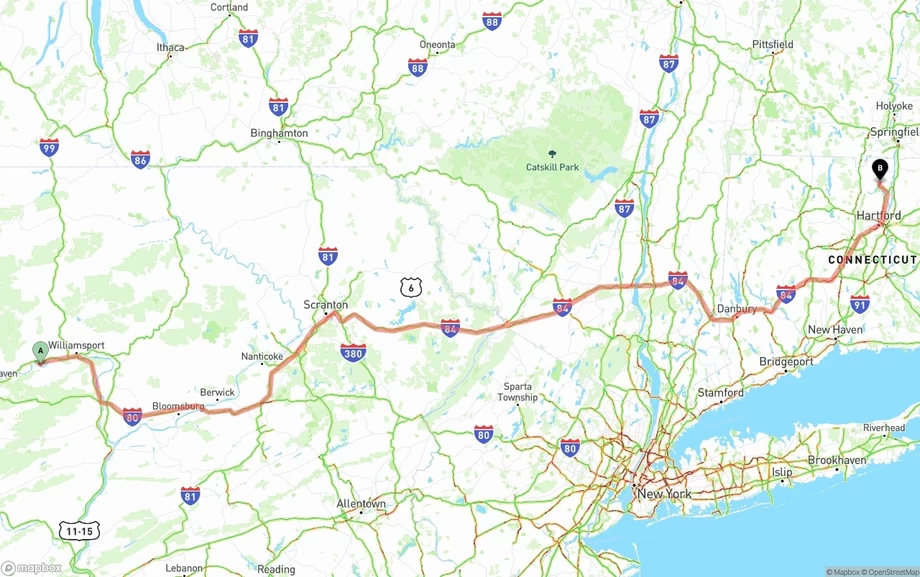 Pennsylvania to Bradley International Airport freight shipping route map