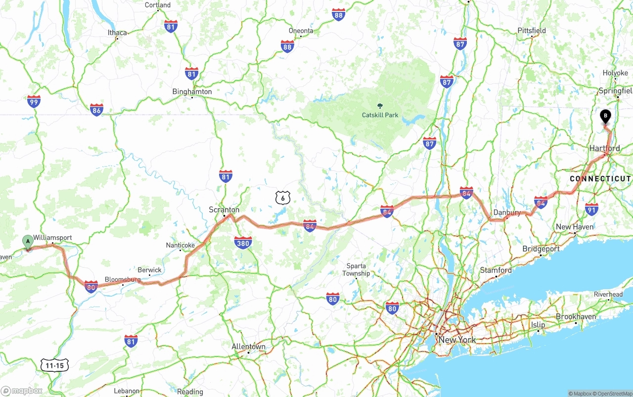 Shipping route from Pennsylvania to Bradley International Airport