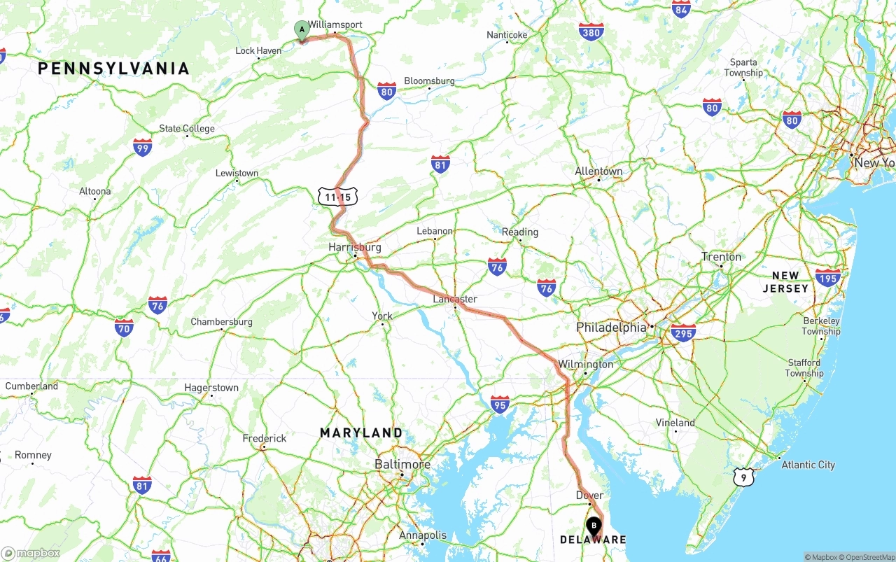 Shipping route from Pennsylvania to Delaware