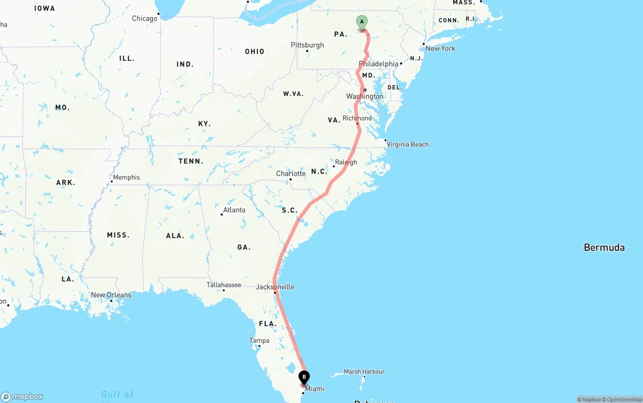 Shipping route from Pennsylvania to Fort Lauderdale-Hollywood International Airport