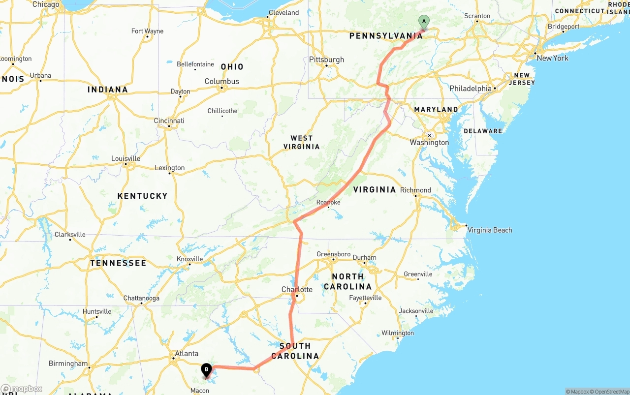 Shipping route from Pennsylvania to Georgia