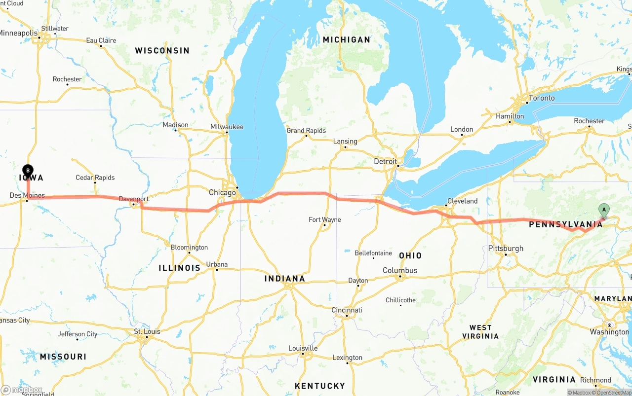 Shipping route from Pennsylvania to Iowa