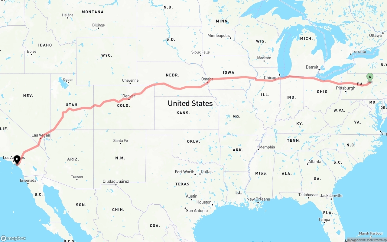 Shipping route from Pennsylvania to John Wayne Airport — Orange County