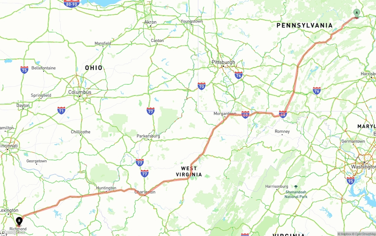 Shipping route from Pennsylvania to Kentucky