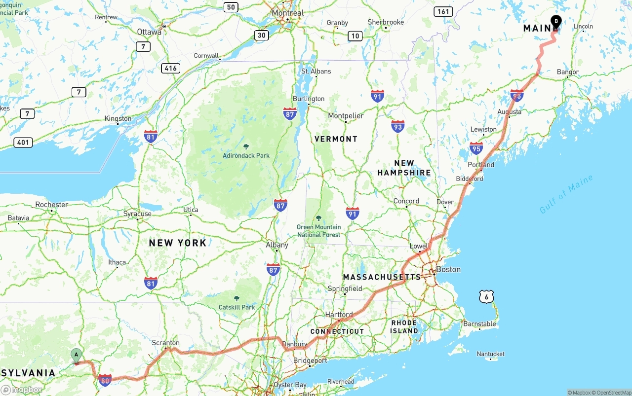 Shipping route from Pennsylvania to Maine