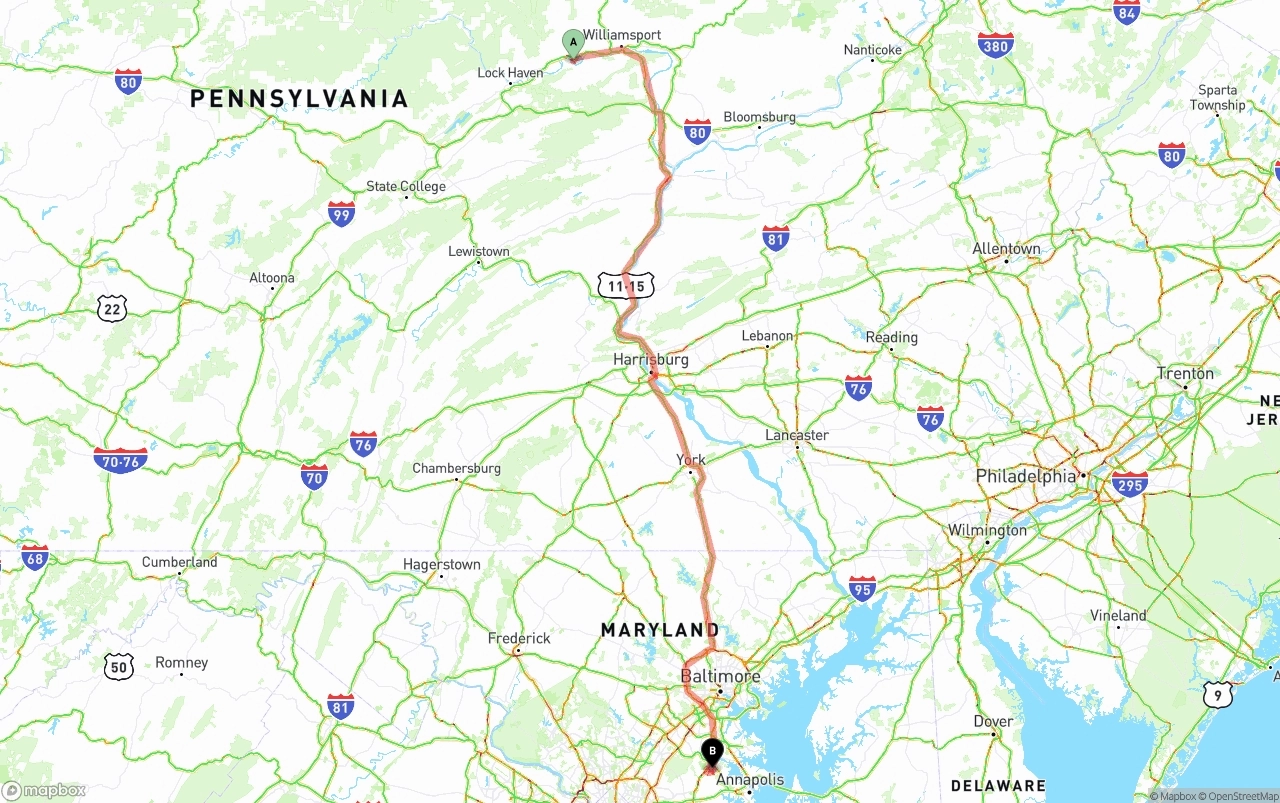 Shipping route from Pennsylvania to Maryland