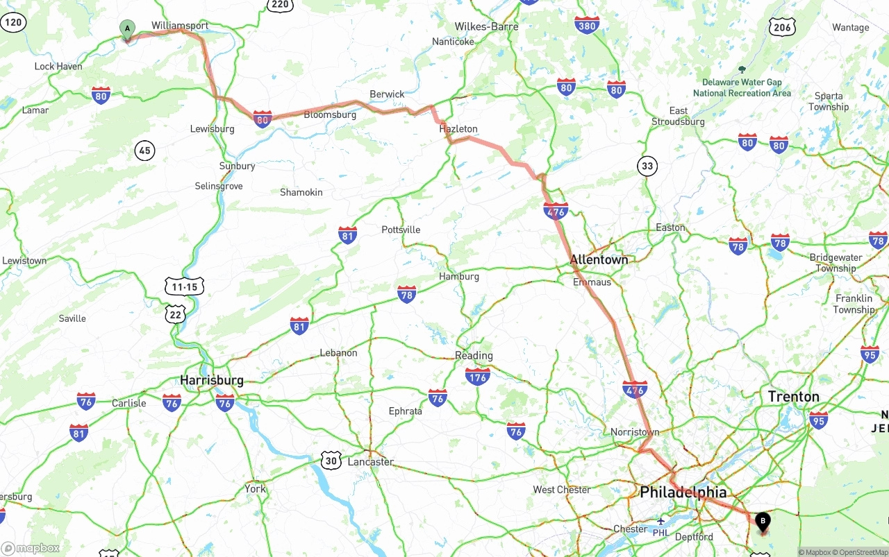 Shipping route from Pennsylvania to New Jersey